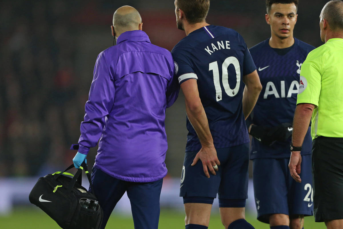 Harry Kane pictured holding his left hamstring after sustaining an injury in Tottenham's 1-0 loss at Southampton in January 2020