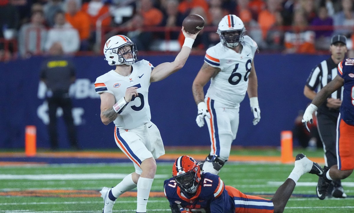 Virginia Cavaliers quarterback Brennan Armstrong (5) throws the ball against the Syracuse Orange during the first half at JMA Wireless Dome.