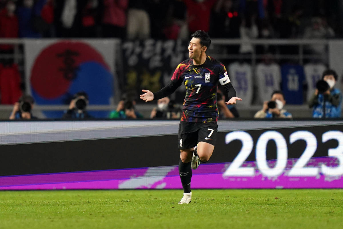 South Korea captain Son Heung-min pictured celebrating after scoring against Costa Rica in September 2022