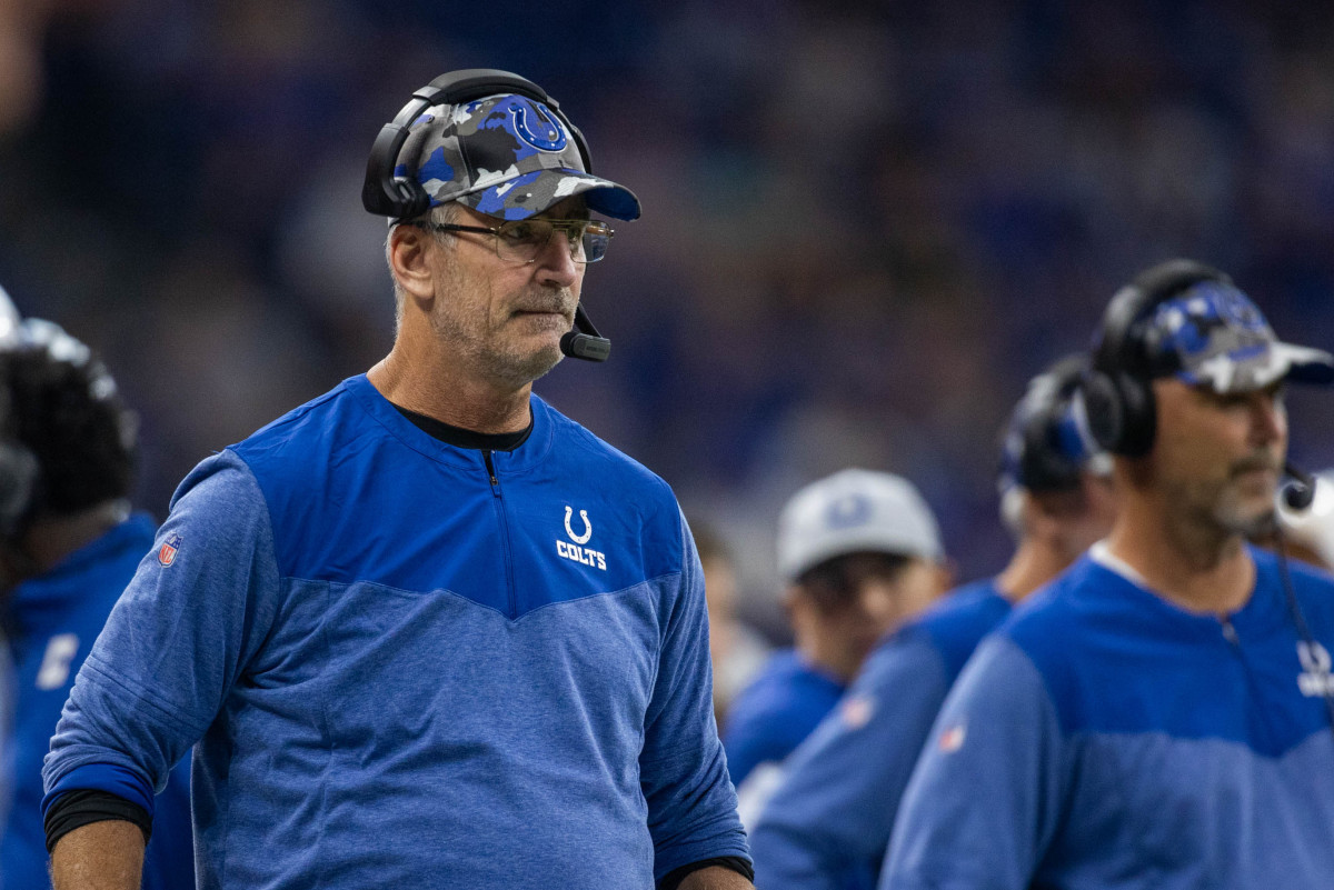 Aug 20, 2022; Indianapolis, Indiana, USA; Indianapolis Colts head coach Frank Reich in the second half against the Detroit Lions at Lucas Oil Stadium. Mandatory Credit: Trevor Ruszkowski-USA TODAY Sports