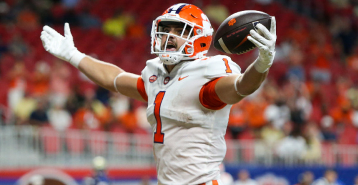 Clemson Tigers running back Will Shipley celebrates a touchdown in a college football game in the ACC.
