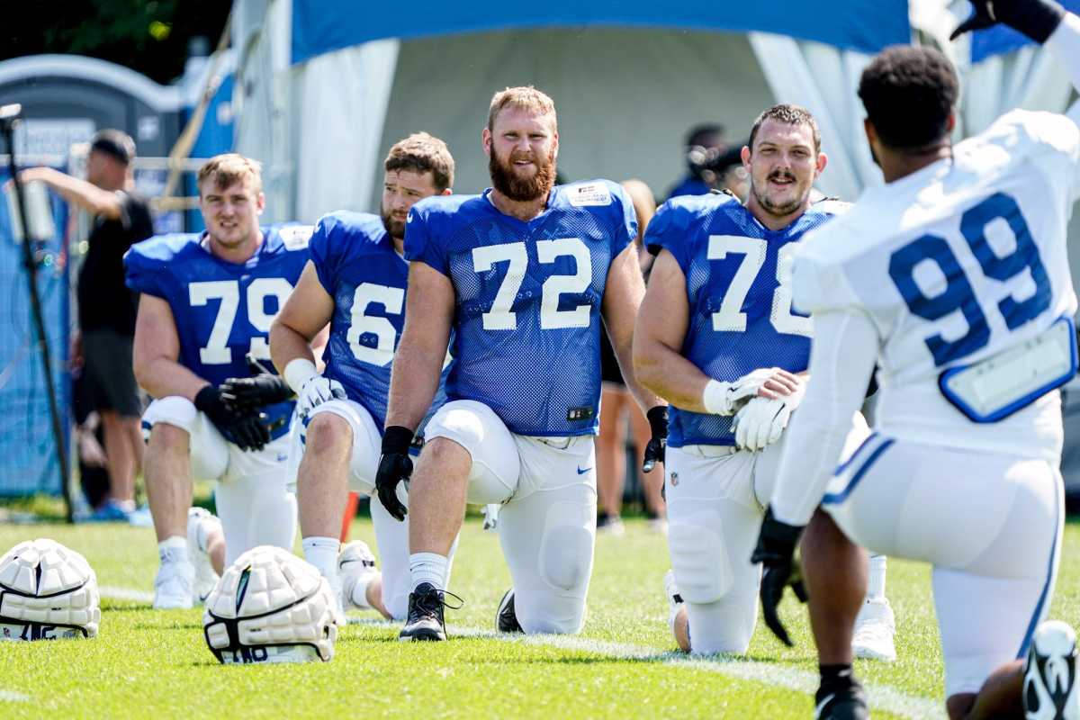 The Indianapolis Colts' Bernhard Raimann (79), Wesley French (62), Braden Smith (72), Ryan Kelly (78), and DeForest Buckner (99) stretch during Colts Training Camp on Tuesday, Aug. 23, 2022, at Grand Park in Westfield Ind. Finals2 4