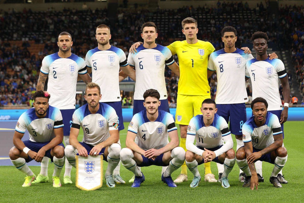 England's players pictured posing for a team photo before their 1-0 loss to Italy, which confirmed their relegation in the UEFA Nations League in September 2022