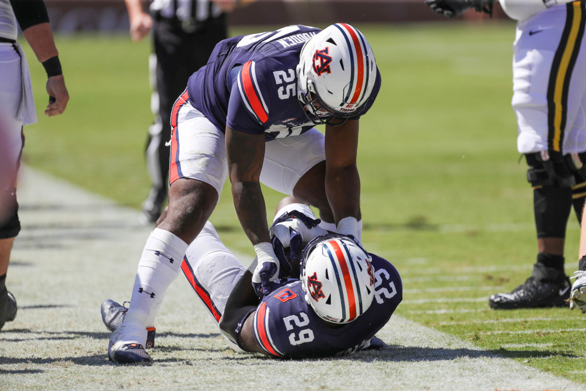 Auburn Tigers linebacker Derick Hall (29) celebrates his interception with defensive end Colby Wooden (25) during the first halfof the game between the Missouri Tigers and the Auburn Tigers at Jordan-Hare Stadium on Sept. 24, 2022.