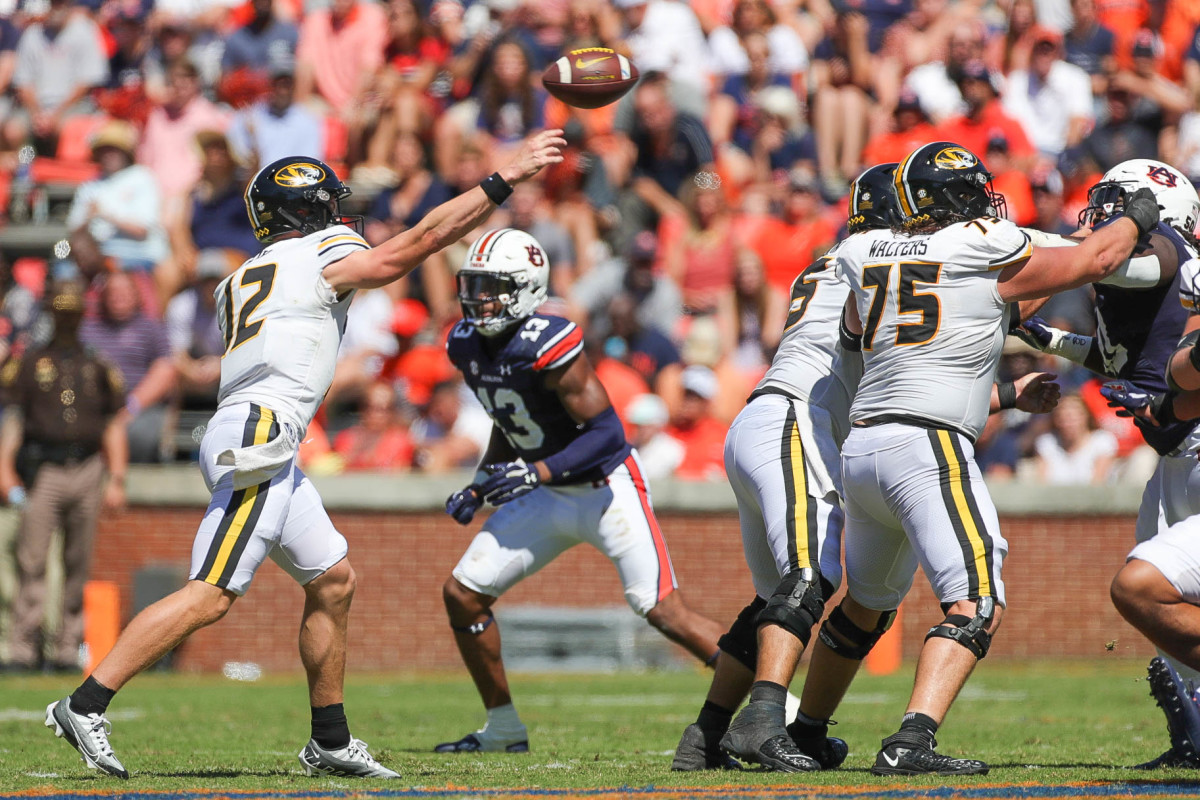 Missouri Tigers quarterback Brady Cook (12) passes the ball during the game between the Missouri Tigers and the Auburn Tigers at Jordan-Hare Stadium on Sept. 24, 2022.