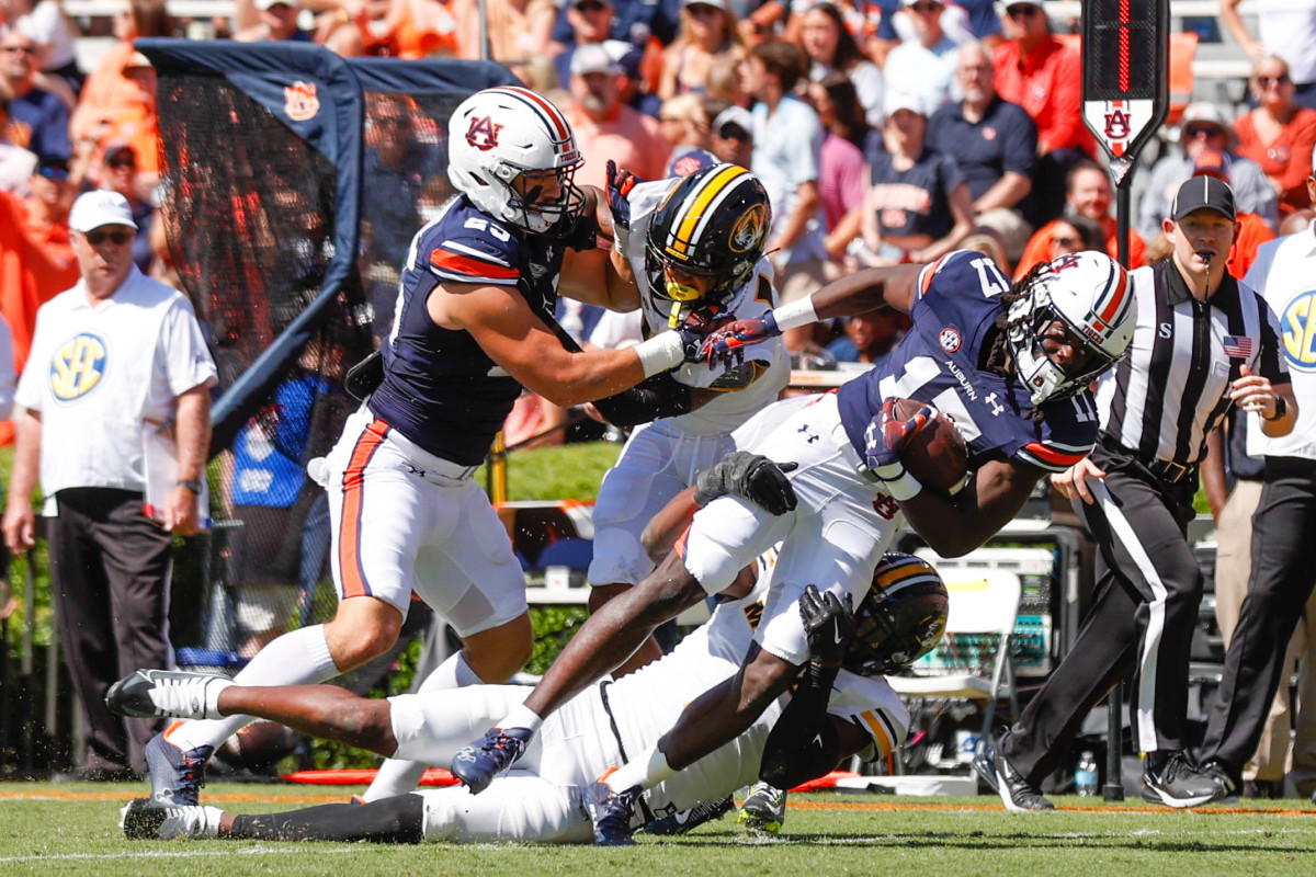 Auburn Tigers wide receiver Camden Brown (17) gets the ball inside the five during the game between the Missouri Tigers and the Auburn Tigers at Jordan-Hare Stadium on Sept. 24, 2022.