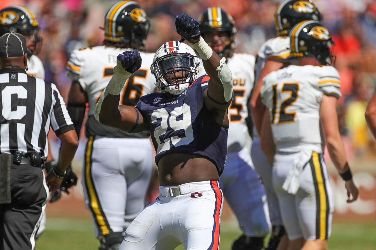 Auburn Tigers linebacker Derick Hall (29) celebrates his sack during the game between the Missouri Tigers and the Auburn Tigers at Jordan-Hare Stadium on Sept. 24, 2022.