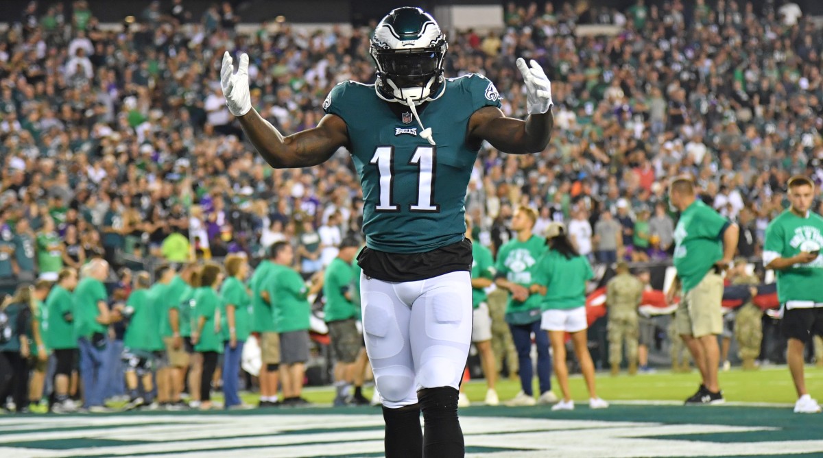 Eagles wide receiver A.J. Brown (11) looks to the camera in the end zone before a game.