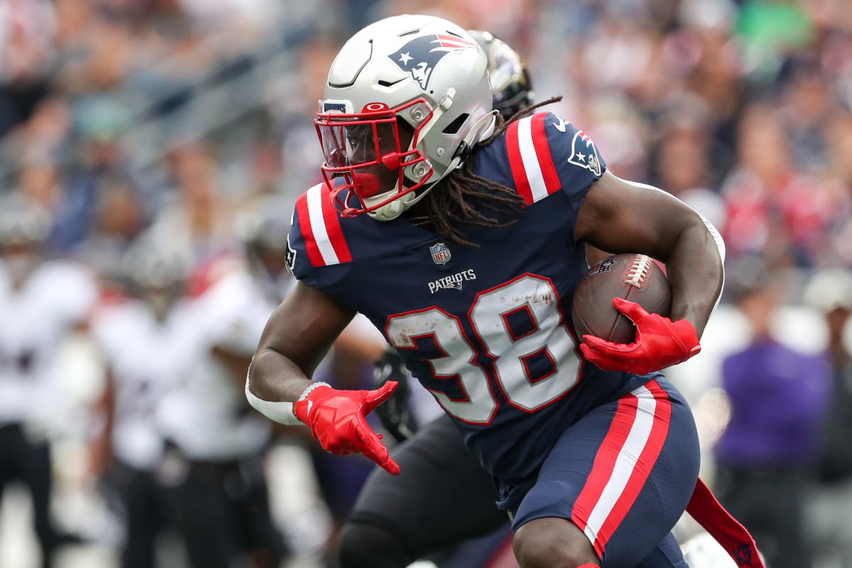 Sep 25, 2022; Foxborough, Massachusetts, USA; New England Patriots running back Rhamondre Stevenson (38) runs the ball during the first half against the Baltimore Ravens at Gillette Stadium.