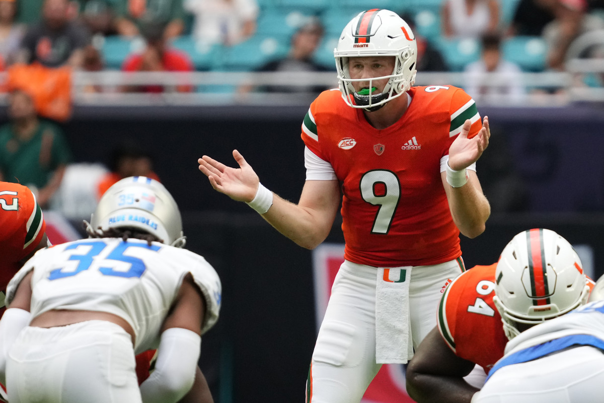 Miami QB Tyler Van Dyke calls for a snap during a game against Middle Tennessee