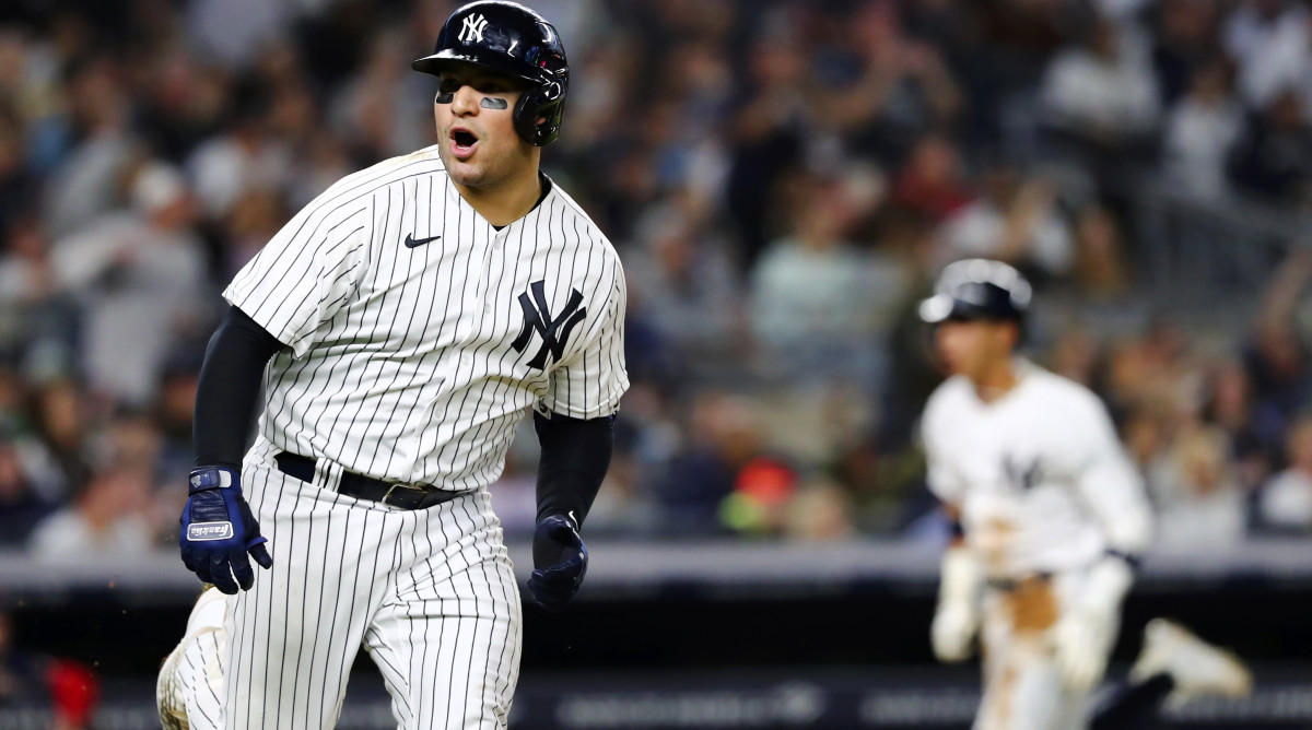 New York Yankees’ Jose Trevino (39) reacts after hitting an RBI single to score Oswaldo Cabrera during the fourth inning of a baseball game Sunday, Sept. 25, 2022, in New York.