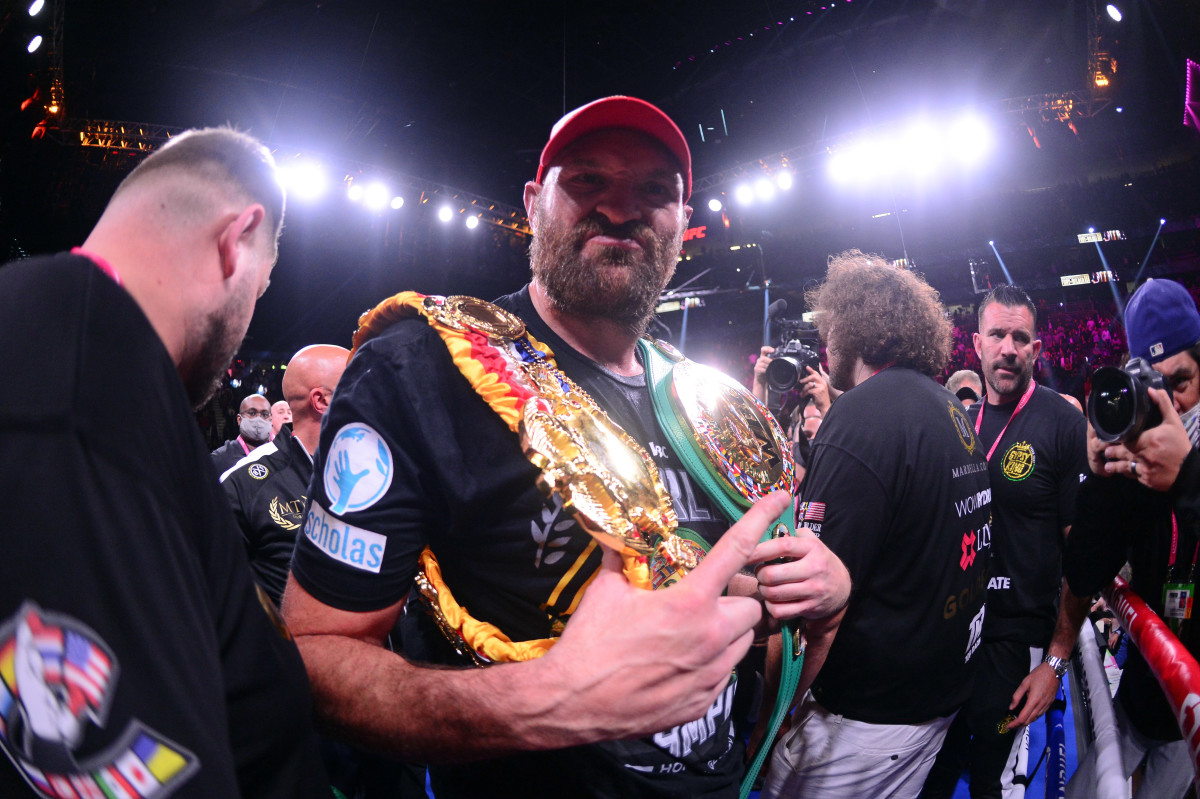 Tyson Fury celebrates after knocking out Deontay Wilder (not pictured) during their WBC/Lineal heavyweight championship boxing match at T-Mobile Arena.
