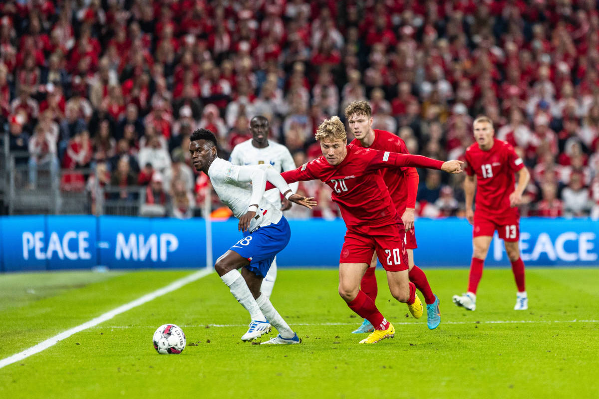 An action shot from Denmark's 2-0 win over France in September 2022