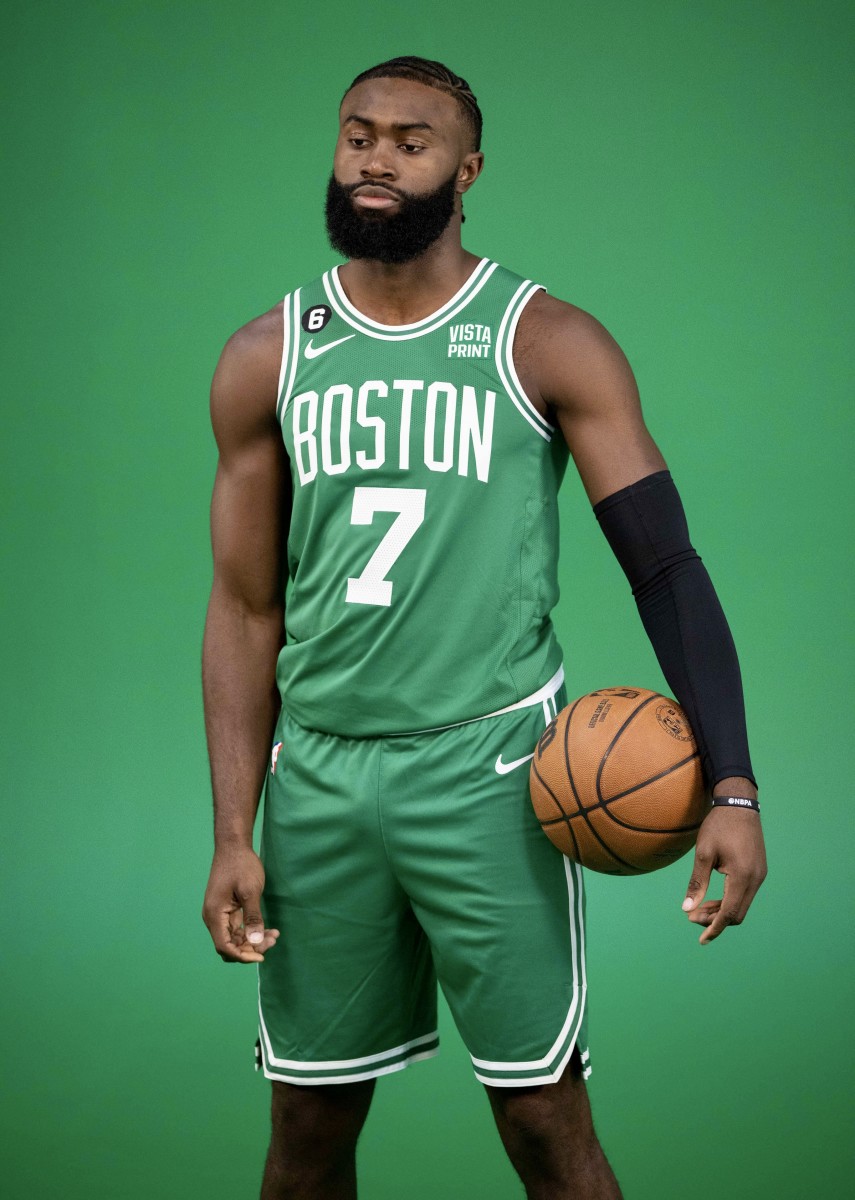 Jaylen Brown poses at media day