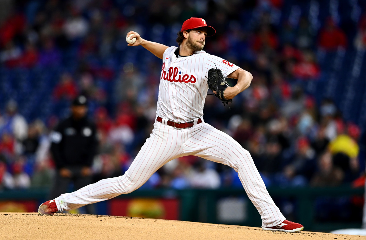 Sep 23, 2022; Philadelphia, Pennsylvania, USA; Philadelphia Phillies pitcher Aaron Nola (27) throws a pitch against the Atlanta Braves in the first inning at Citizens Bank Park.