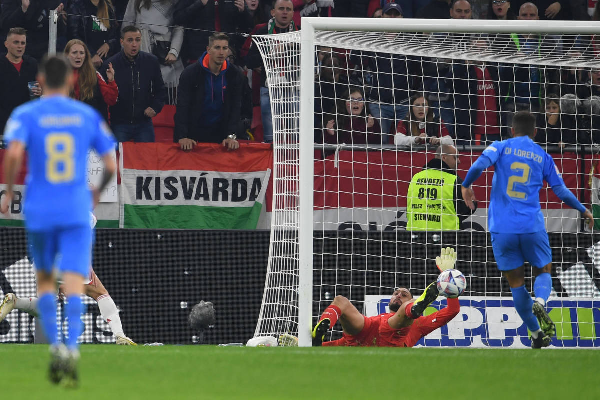 Italy goalkeeper Gianluigi Donnarumma pictured (center) making a save during his team's 2-0 win over Hungary in September 2022