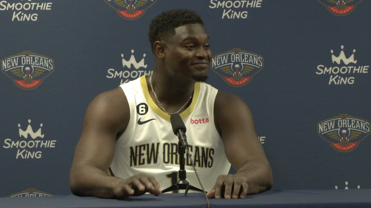Sep 26, 2022; New Orleans, LA, USA; New Orleans Pelicans forward Zion Williamson (1) during a press conference at the New Orleans Pelicans Media Day from the Smoothie King Center. Mandatory Credit: Stephen Lew-USA TODAY Sports
