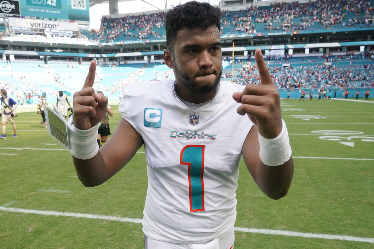 Miami Dolphins quarterback Tua Tagovailoa (1) gestures at the end of an NFL football game against the Buffalo Bills, Sunday, Sept. 25, 2022, in Miami Gardens, Fla. The Dolphins defeated the Bills 21-19.
