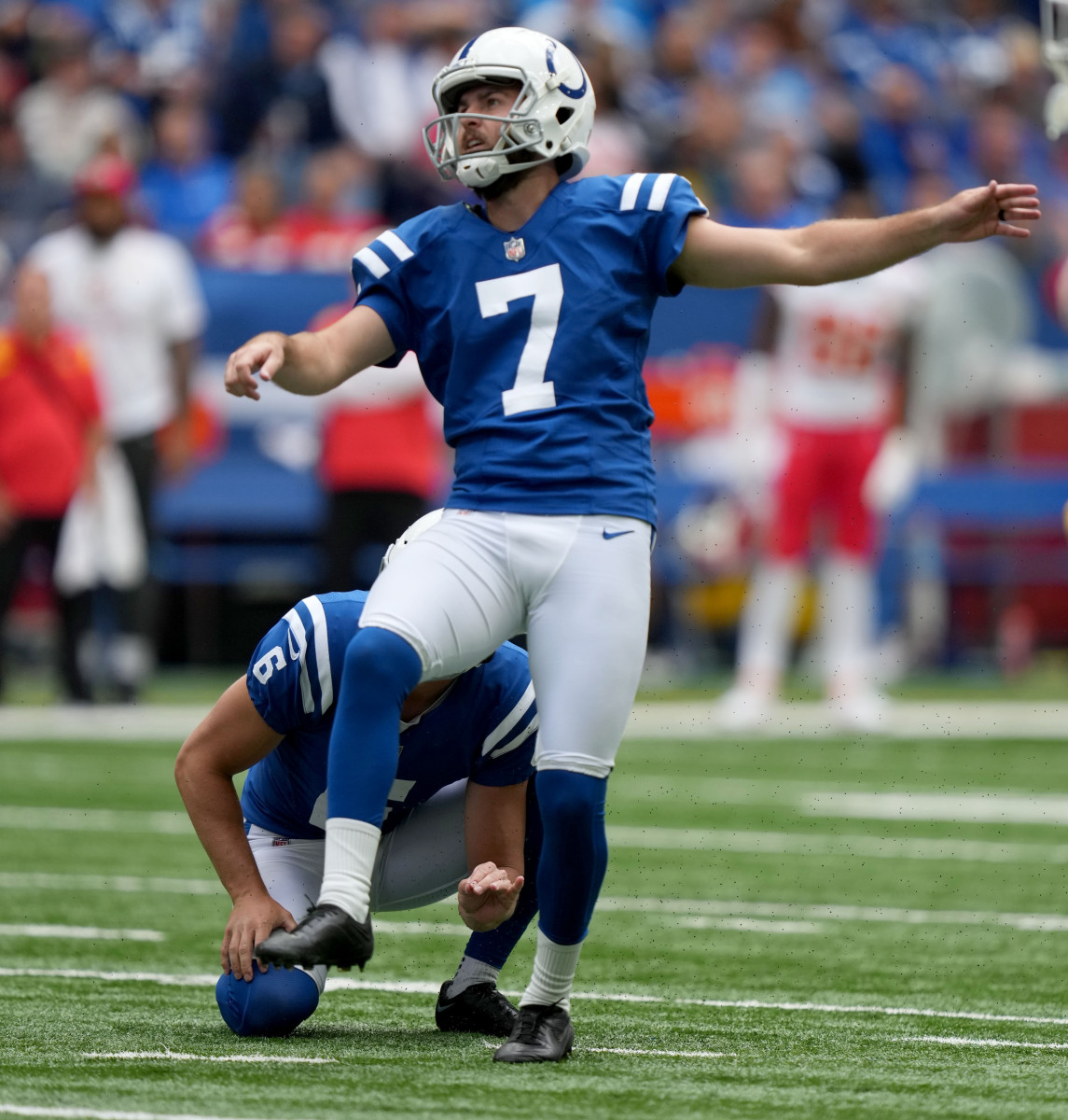 Sep 25, 2022; Indianapolis, Indiana, USA; Indianapolis Colts place kicker Chase McLaughlin (7) follows through on a filed goal kick during a game against the Kansas City Chiefs at Lucas Oil Stadium in Indianapolis. Mandatory Credit: Jenna Watson/IndyStar Staff-USA TODAY Sports