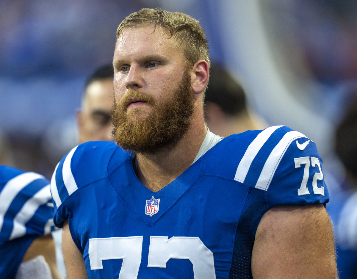 Aug 27, 2022; Indianapolis, Indiana, USA; Indianapolis Colts offensive tackle Braden Smith (72) looks on during a preseason game against the Tampa Bay Buccaneers at Lucas Oil Stadium. Mandatory Credit: Robert Scheer-USA TODAY Sports