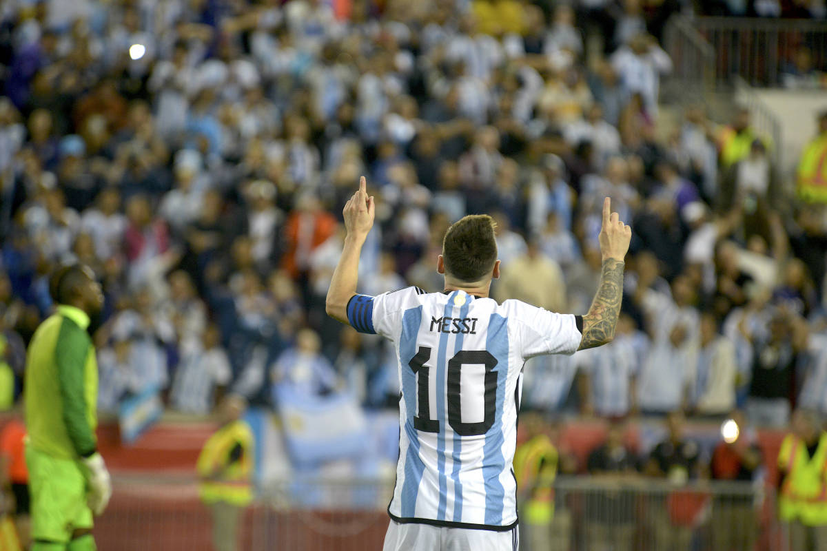 Lionel Messi pictured celebrating after scoring for Argentina against Jamaica in New Jersey in September 2022