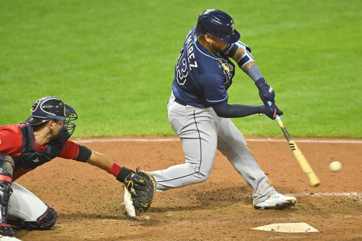 Tampa Bay Rays first baseman Harold Ramirez (43) hits a two-RBI double in the eleventh inning against the Cleveland Guardians at Progressive Field. (David Richard-USA TODAY Sports)