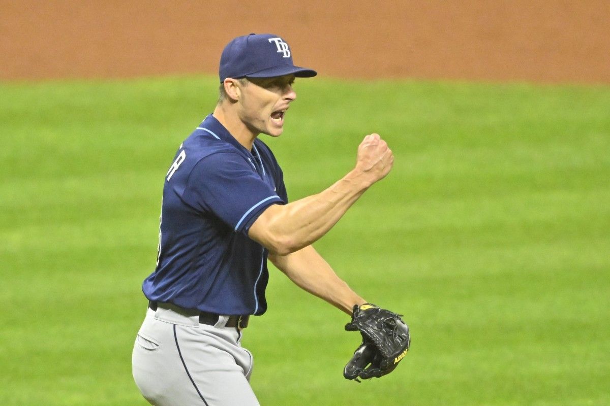 ampa Bay Rays relief pitcher Calvin Faucher (58) celebrates a win over the Cleveland Guardians at Progressive Field. (David Richard-USA TODAY Sports)