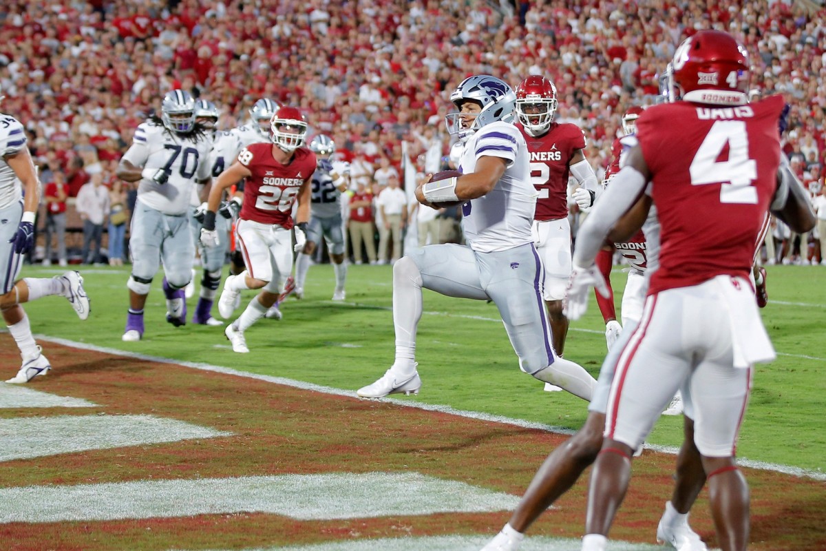 Adrian Martinez (9) runs for a touchdown during a college football game between the University of Oklahoma Sooners (OU) and the Kansas State Wildcats at Gaylord Family - Oklahoma Memorial Stadium in Norman, Okla., Saturday, Sept. 24, 2022.