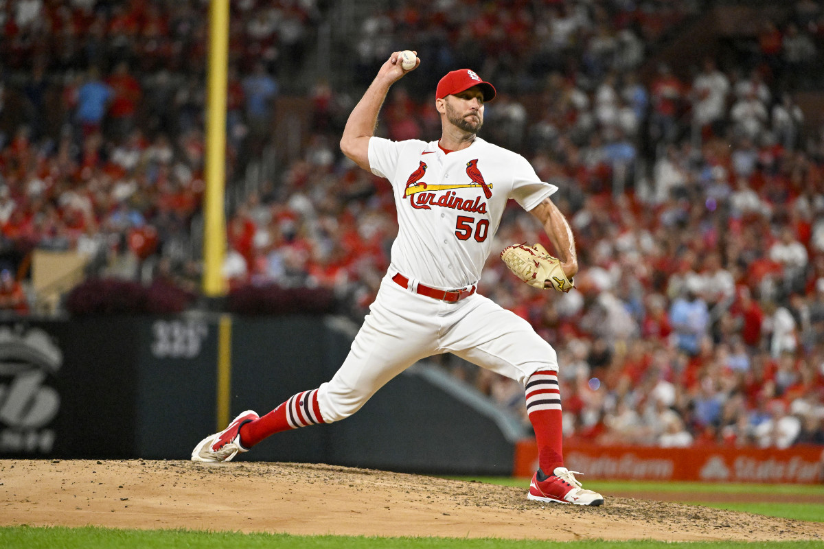 Sep 14, 2022; St. Louis, Missouri, USA;  St. Louis Cardinals starting pitcher Adam Wainwright (50) pitches against the Milwaukee Brewers during the fifth inning at Busch Stadium.