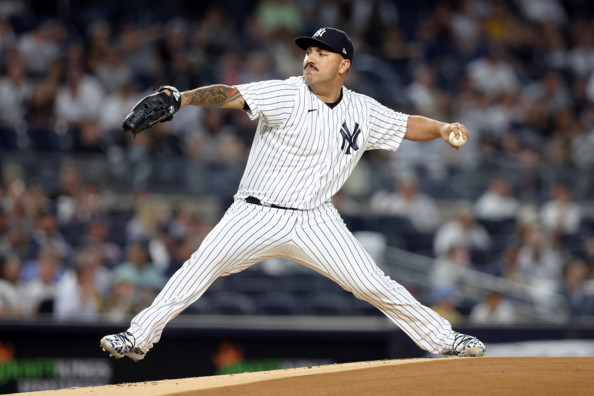Sep 20, 2022; Bronx, New York, USA; New York Yankees starting pitcher Nestor Cortes Jr. (65) pitches against the Pittsburgh Pirates during the first inning at Yankee Stadium.