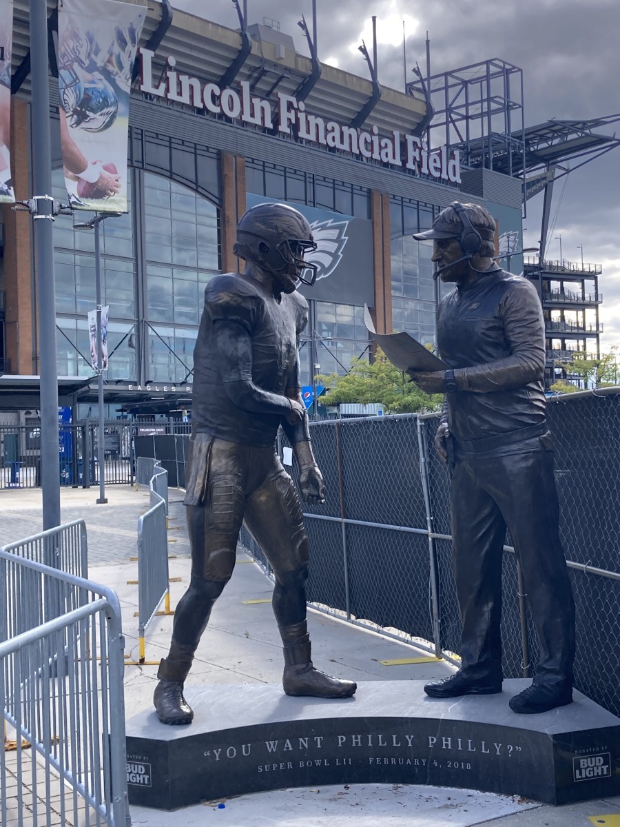 The Statue of Nick Foles and Doug Pederson immortalizing the Philly Philly play call in Super Bowl LII sits outside Lincoln Financial Field
