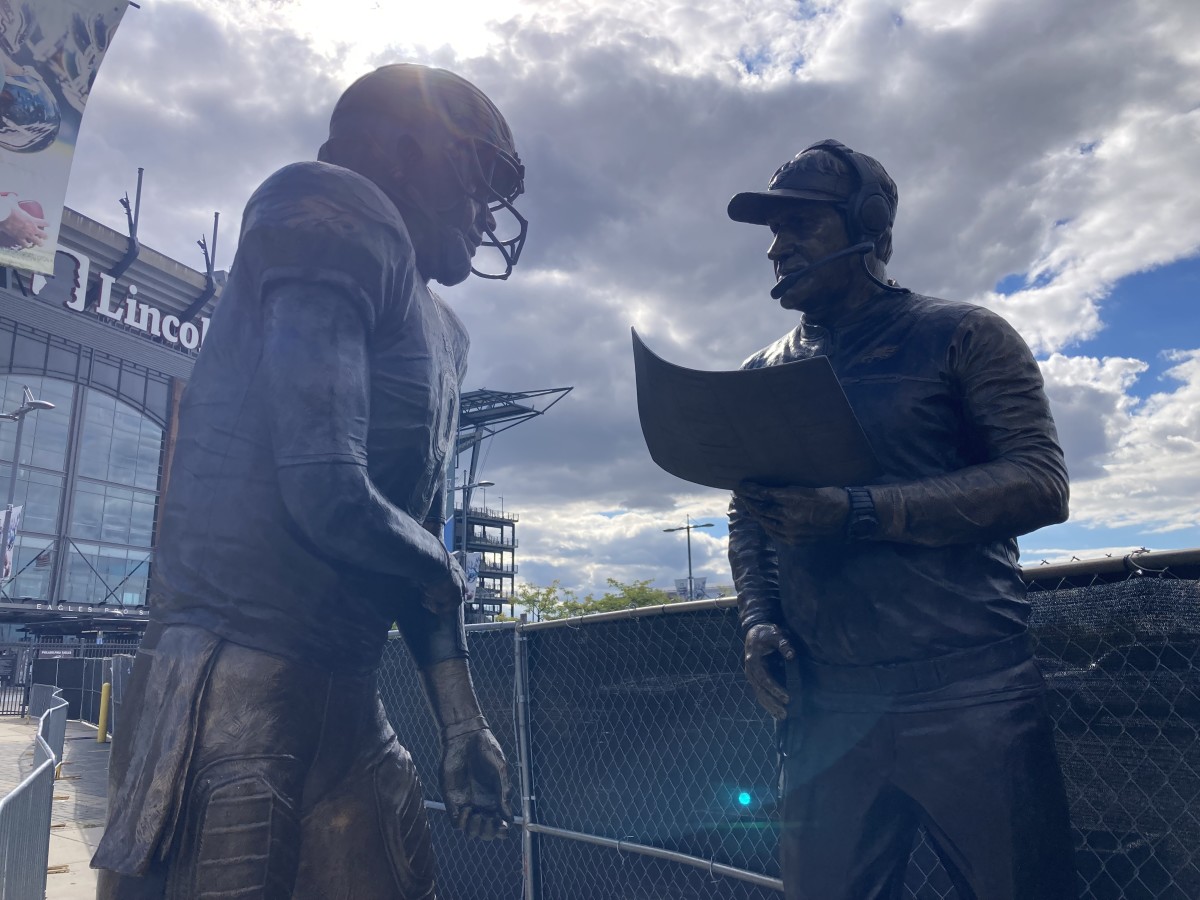 Nick Foles and Doug Pederson statue outside Lincoln Financial Field