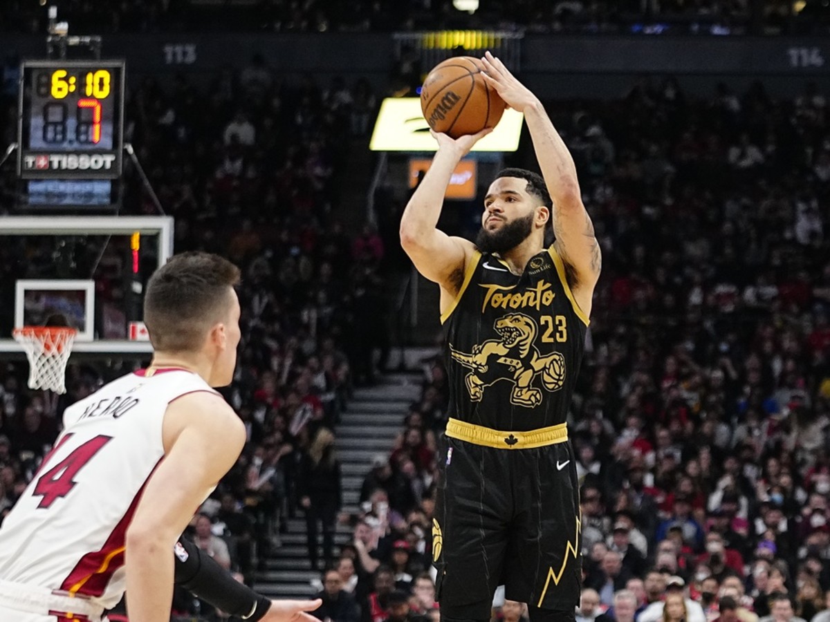 Toronto Raptors guard Fred VanVleet (23) shoots for three points against the Miami Heat during the second half at Scotiabank Arena
