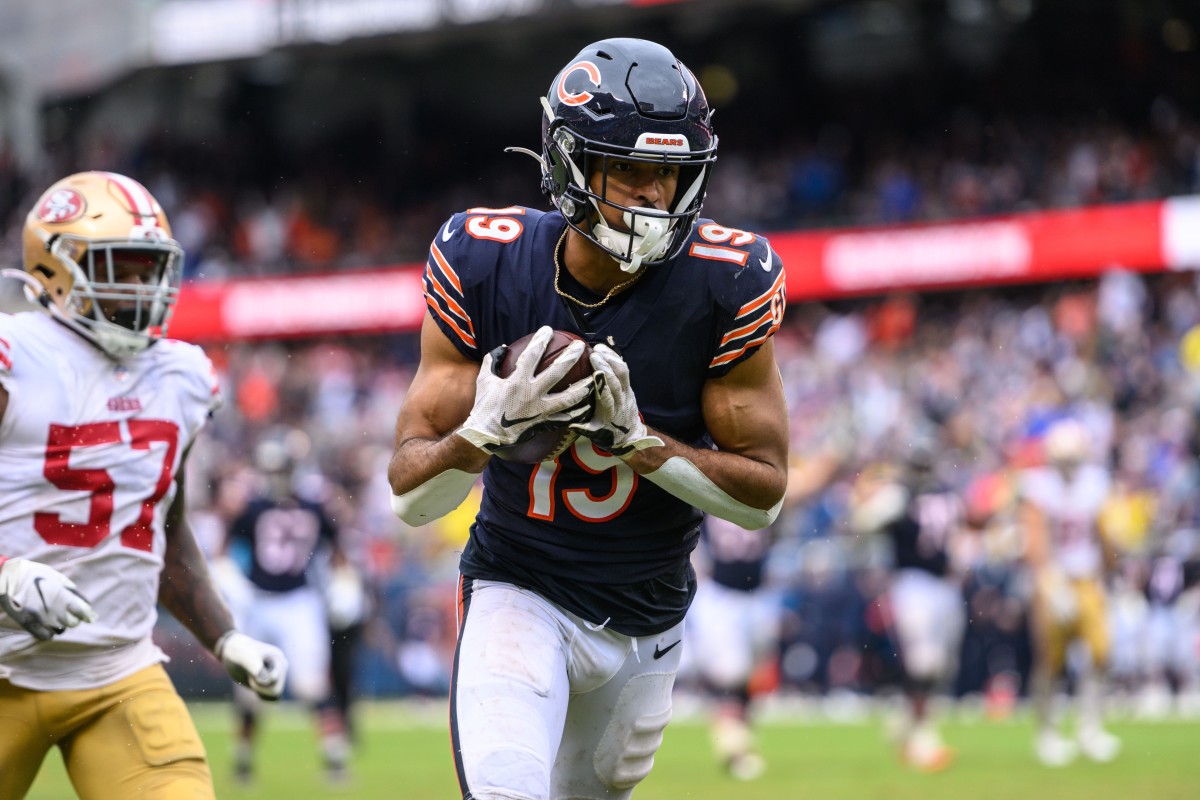 Sep 11, 2022; Chicago, Illinois, USA; Chicago Bears wide receiver Equanimeous St. Brown (19) catches a touchdown pass in the fourth quarter against the San Francisco 49ers at Soldier Field.