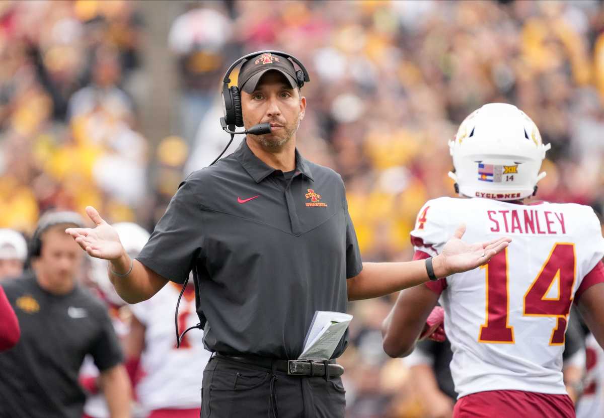 Iowa State coach Matt Campbell gestures from the sideline during a game