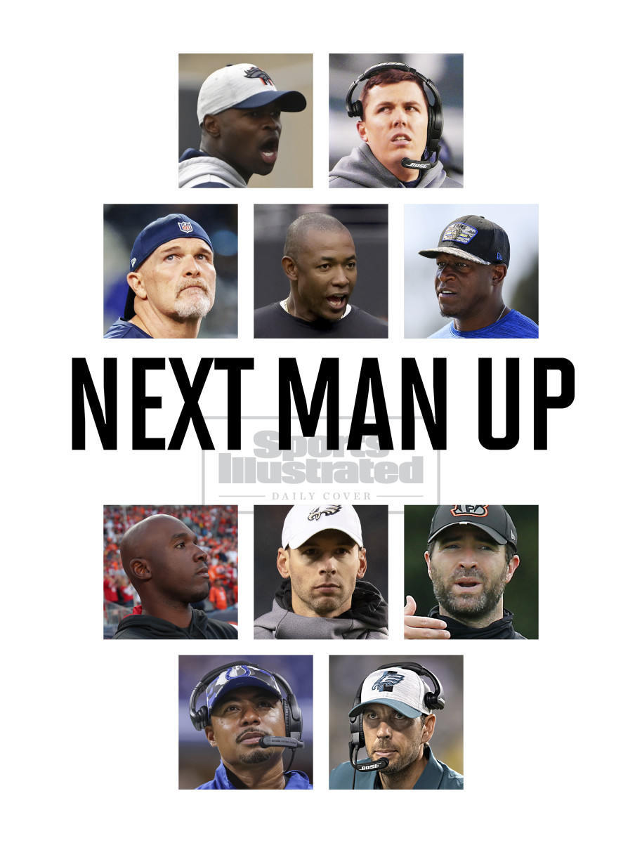 SI Daily Cover with headshots of 10 top coaching candidates: Ejiro Evero, Kellen Moore, Dan Quinn, Patrick Graham, Raheem Morris, DeMeco Ryans, Jonathan Gannon, Brian Callahan, Marcus Brady and Shane Steichen