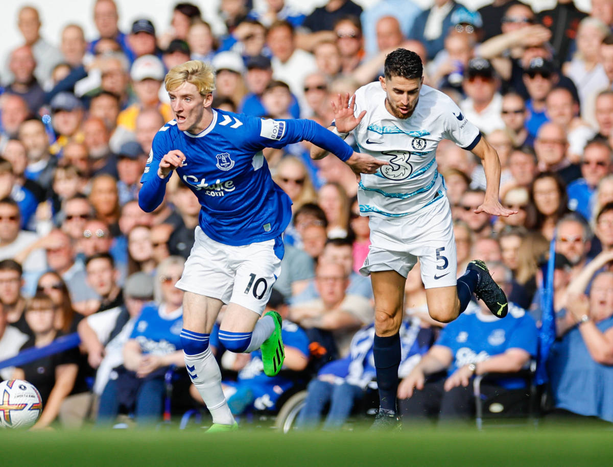 Anthony Gordon (left) and Jorginho (right) pictured during a Premier League game between Everton and Chelsea in August 2022