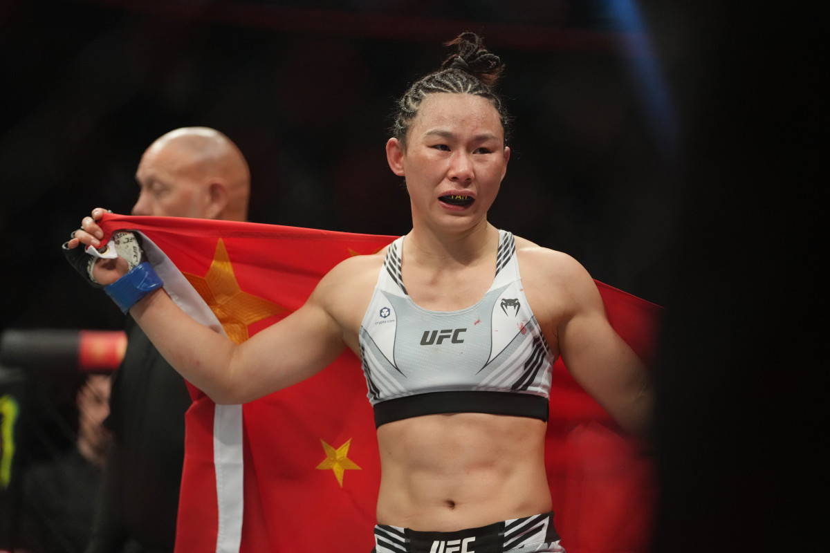 Yan Xiaonan reacts after losing to Marina Rodriguez (not pictured) during UFC 272 at T-Mobile Arena.