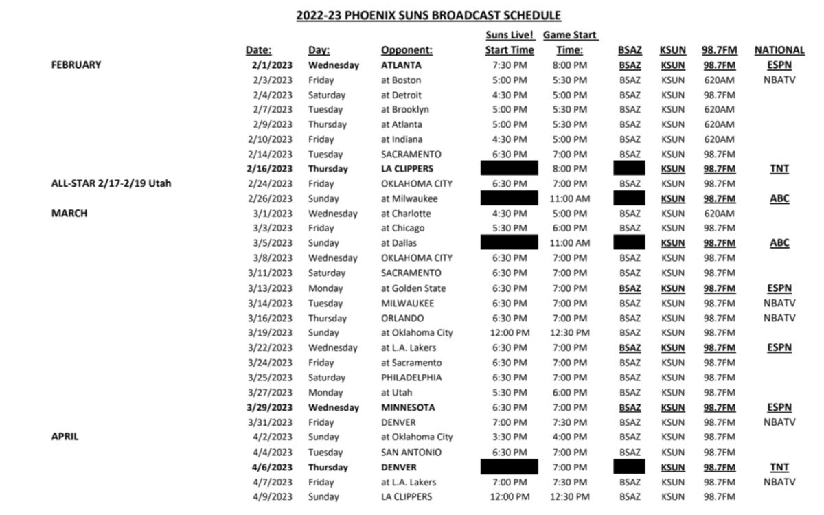 Suns Regular Season Schedule (Feb. to April)