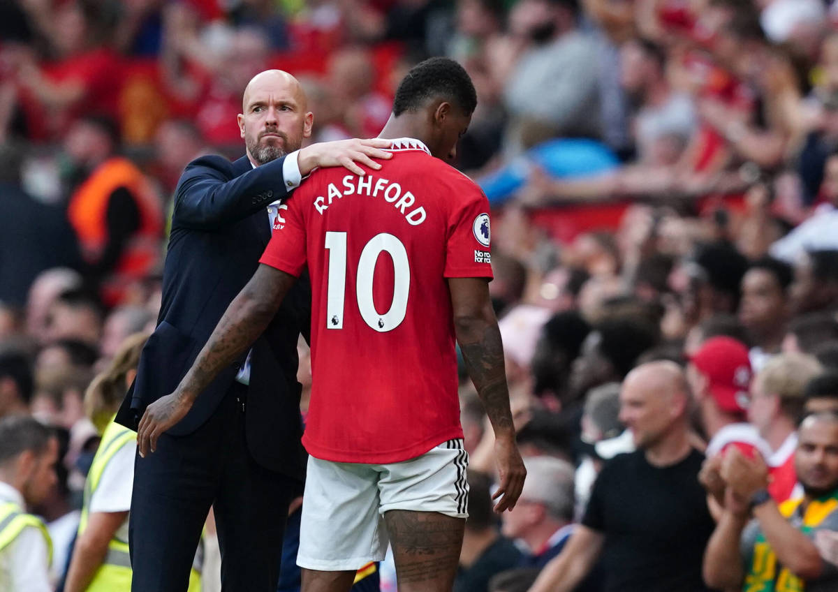 Erik ten Hag (left) and Marcus Rashford pictured during Manchester United's 3-1 win over Arsenal in September 2022