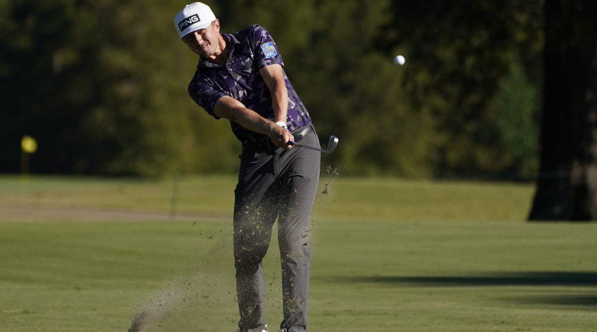 Mackenzie Hughes, of Canada, hits from the 18th fairway during the second roun of the Sanderson Farms Championship golf tournament.
