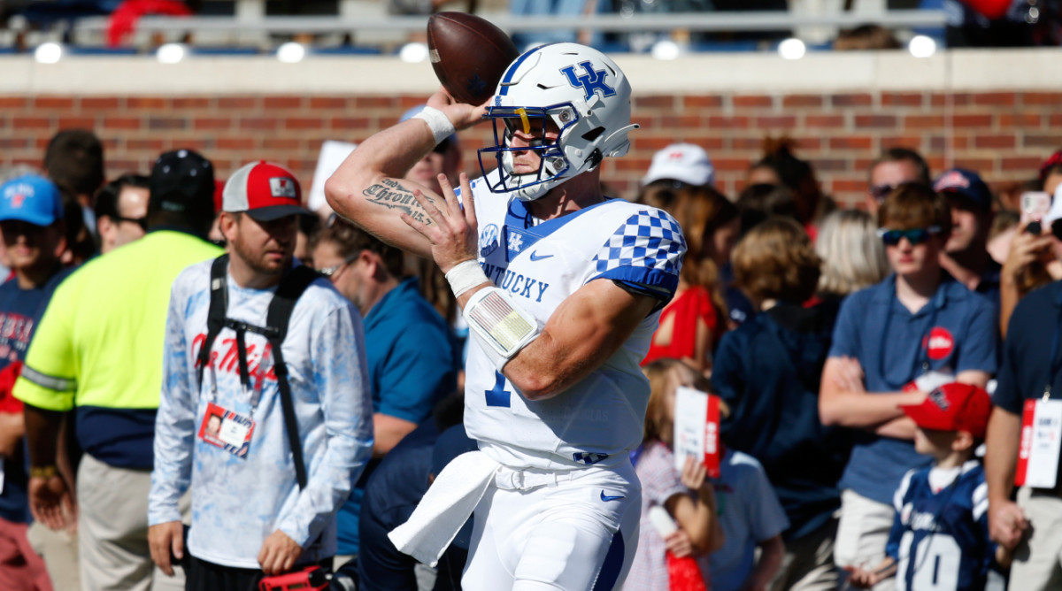 Will Levis warms up for Kentucky at Ole Miss.
