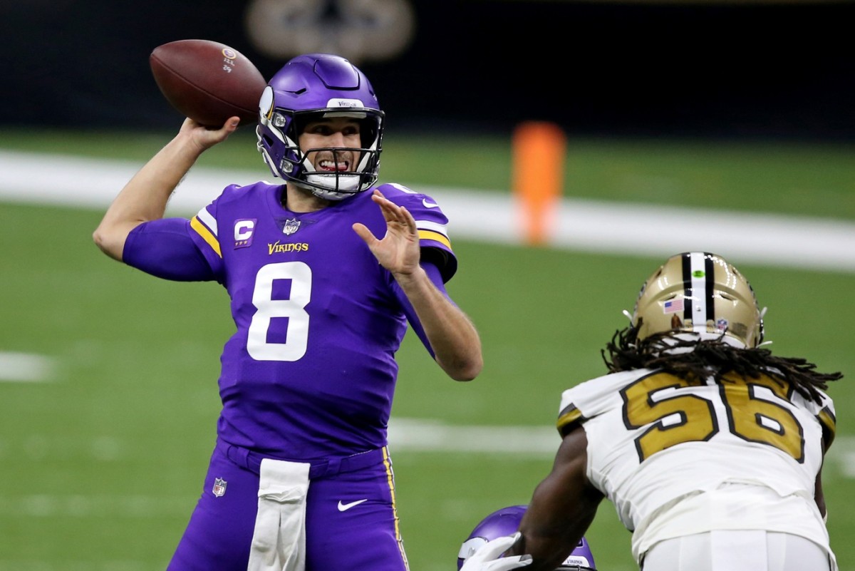 Minnesota Vikings quarterback Kirk Cousins (8) looks to throw against the New Orleans Saints. Mandatory Credit: Chuck Cook-USA TODAY Sports