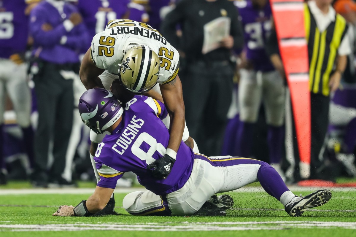 New Orleans Saints defensive end Marcus Davenport (92) sacks Minnesota Vikings quarterback Kirk Cousins (8). Mandatory Credit: Brace Hemmelgarn-USA TODAY Sports