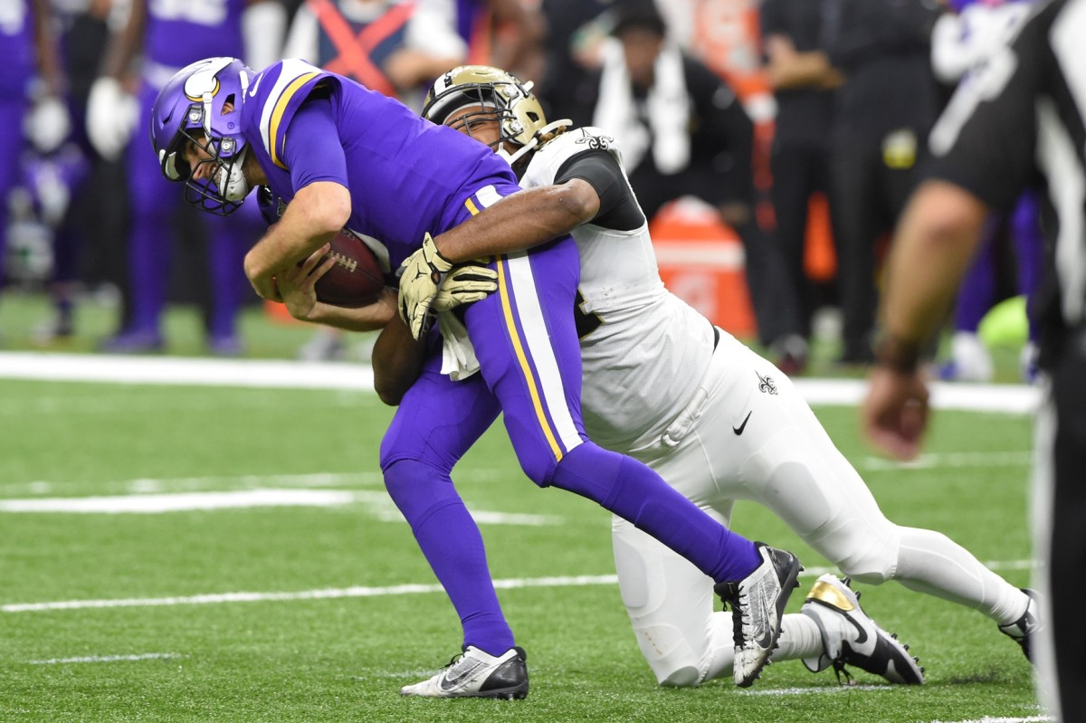 New Orleans Saints defensive end Cameron Jordan (94) sacks Minnesota Vikings quarterback Kirk Cousins (8) during a NFC Wild Card playoff game. Mandatory Credit: John David Mercer-USA TODAY 