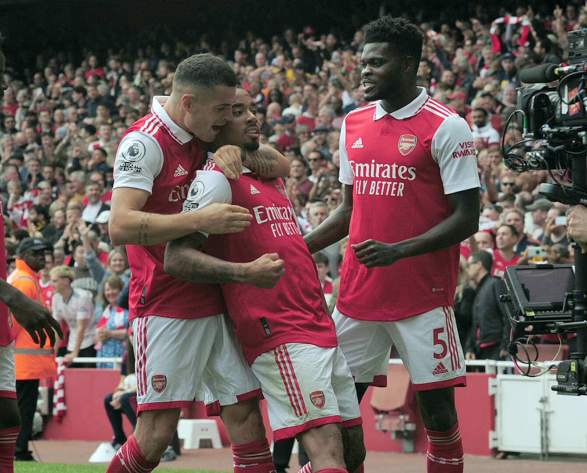 Granit Xhaka (left), Gabriel Jesus (center) and Thomas Partey (right) pictured during Arsenal's 3-1 win over Tottenham in October 2022
