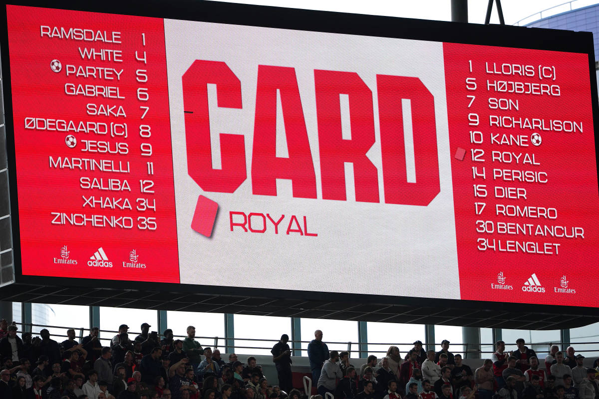 The big screen at Arsenal's Emirates Stadium pictured after Tottenham defender Emerson Royal was sent off in the north London derby in October 2022