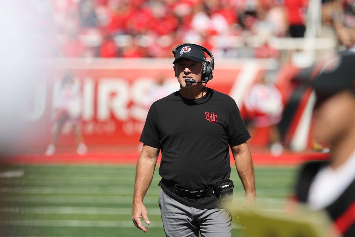 Utah Utes head coach Kyle Whittingham looks on from the sideline in the second quarter against the Oregon State Beavers at Rice-Eccles Stadium.