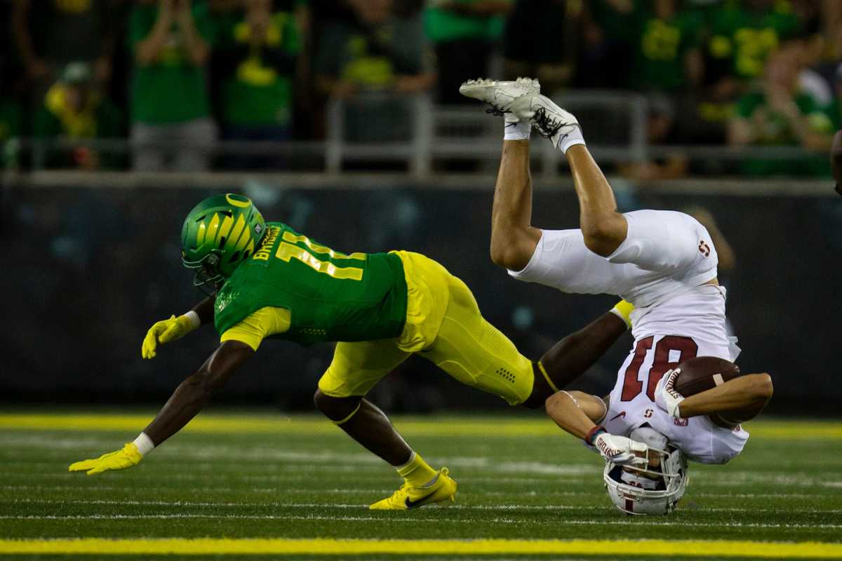 Stanford wide receiver Brycen Tremayne is tripped up as the No. 13 Oregon Ducks take on the Stanford Cardinal Saturday, Oct. 1, 2022, at Autzen Stadium in Eugene, Ore. Ncaa Football Oregon Stanford Football Stanford At Oregon