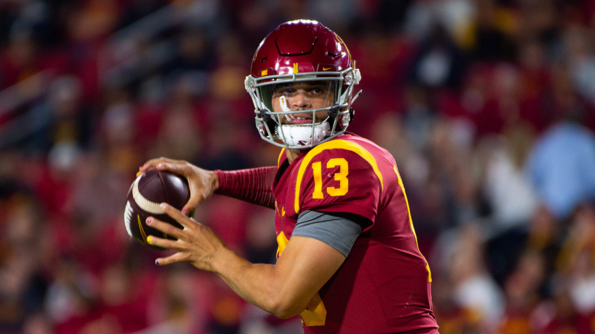 Caleb Williams threw for 348 yards and three touchdowns to lead USC to a 42-25 victory over Arizona State in a Pac-12 football matchup on October 1, 2022 at the Los Angeles Memorial Coliseum.